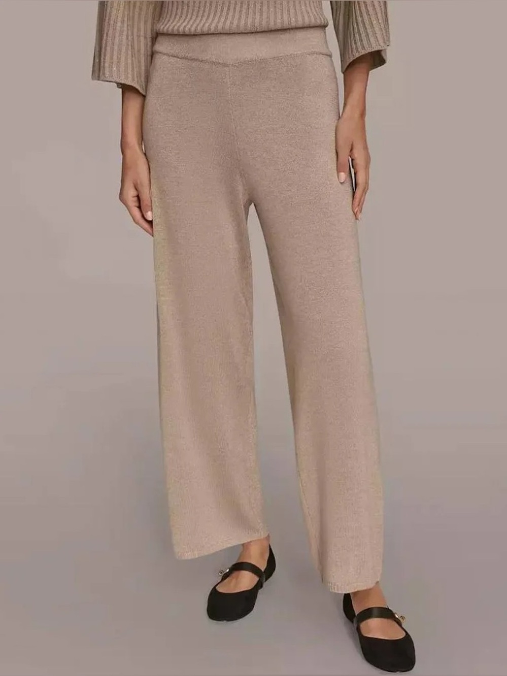 NWT Donna Karan NY Wide Leg Pull-On Tan Shimmer Sweater Pants Medium